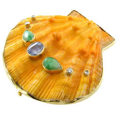 MARGUERITE STIX Scallop Shell Brooch Set with Jade, Sapphire & Diamond.