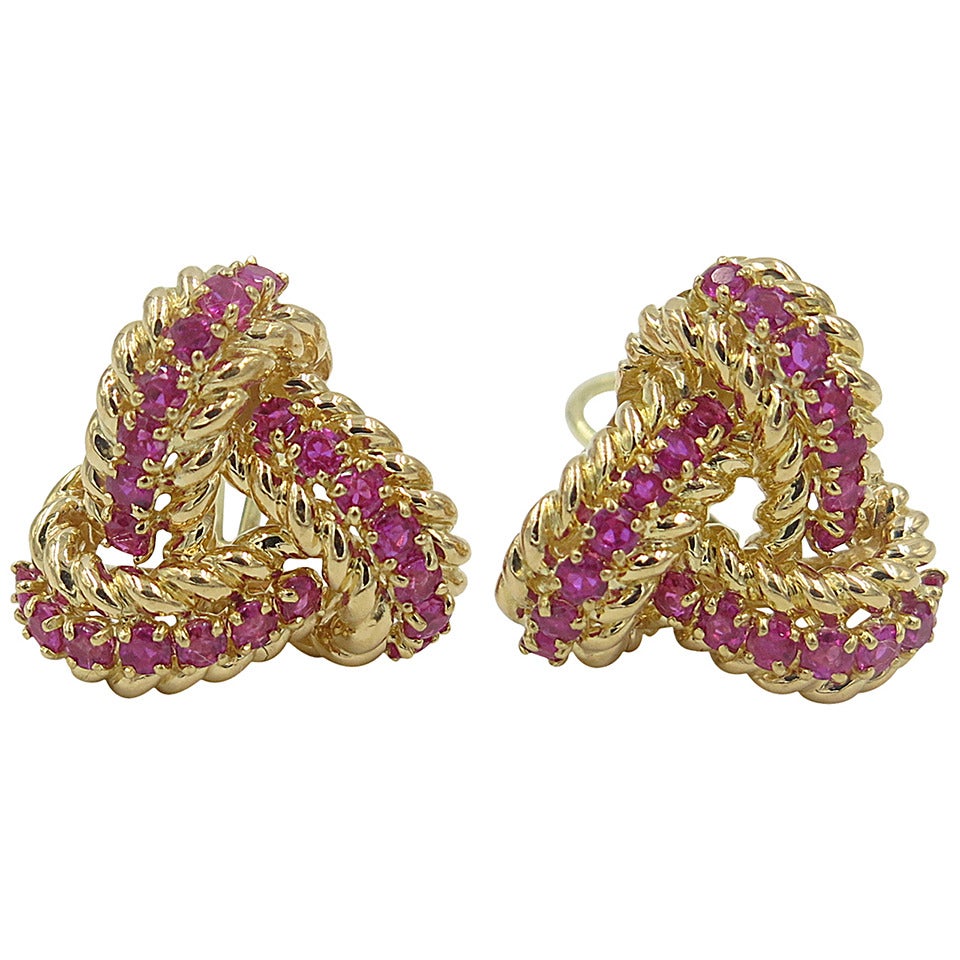 A Pair of Ruby Gold Trefoil Shaped Earrings