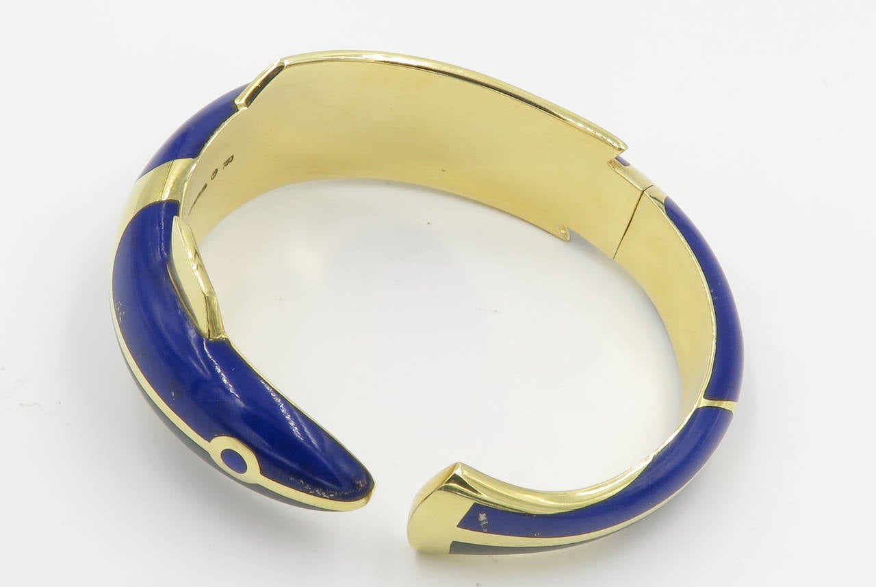 Tiffany & Co. Lapis Lazuli Black Jade Gold Hinged Bangle Bracelet 3