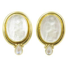 Retro Elizabeth Locke Venetian Glass Intaglio Moonstone Mother of Pearl Gold Earrings.