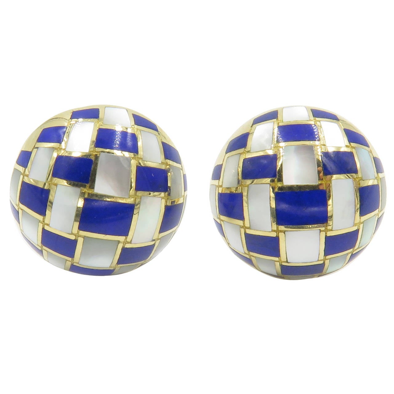 1980s Tiffany & Co. Lapis Lazuli Mother of Pearl Gold Checkerboard Earrings
