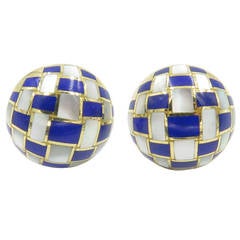 1980s Tiffany & Co. Lapis Lazuli Mother of Pearl Gold Checkerboard Earrings