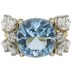 Tiffany & Co. Schlumberger Aquamarine Diamond Gold Cocktail Ring