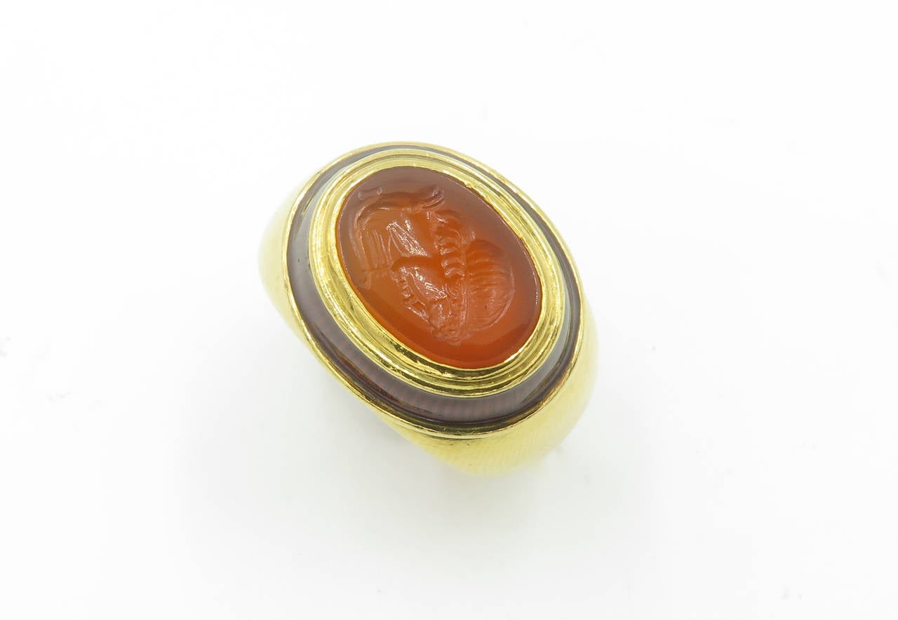 Elizabeth Gage Carnelian Intaglio Enamel Gold Ring