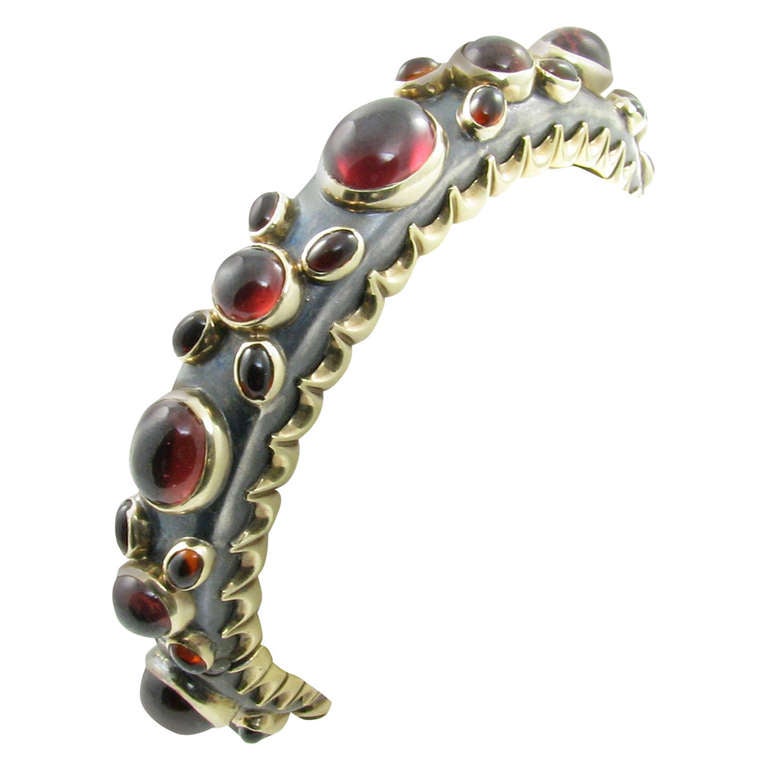 Marilyn Cooperman Citrine Cabochon Garnet Silver Gold Bangle Bracelet.