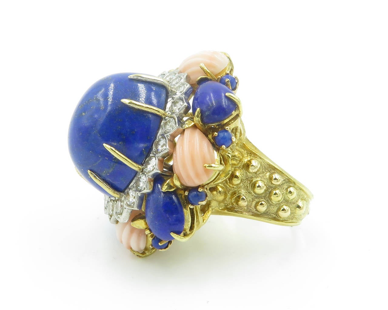 Women's A Fabulous Lapis Lazuli Carved Coral Diamond Gold Dome Ring