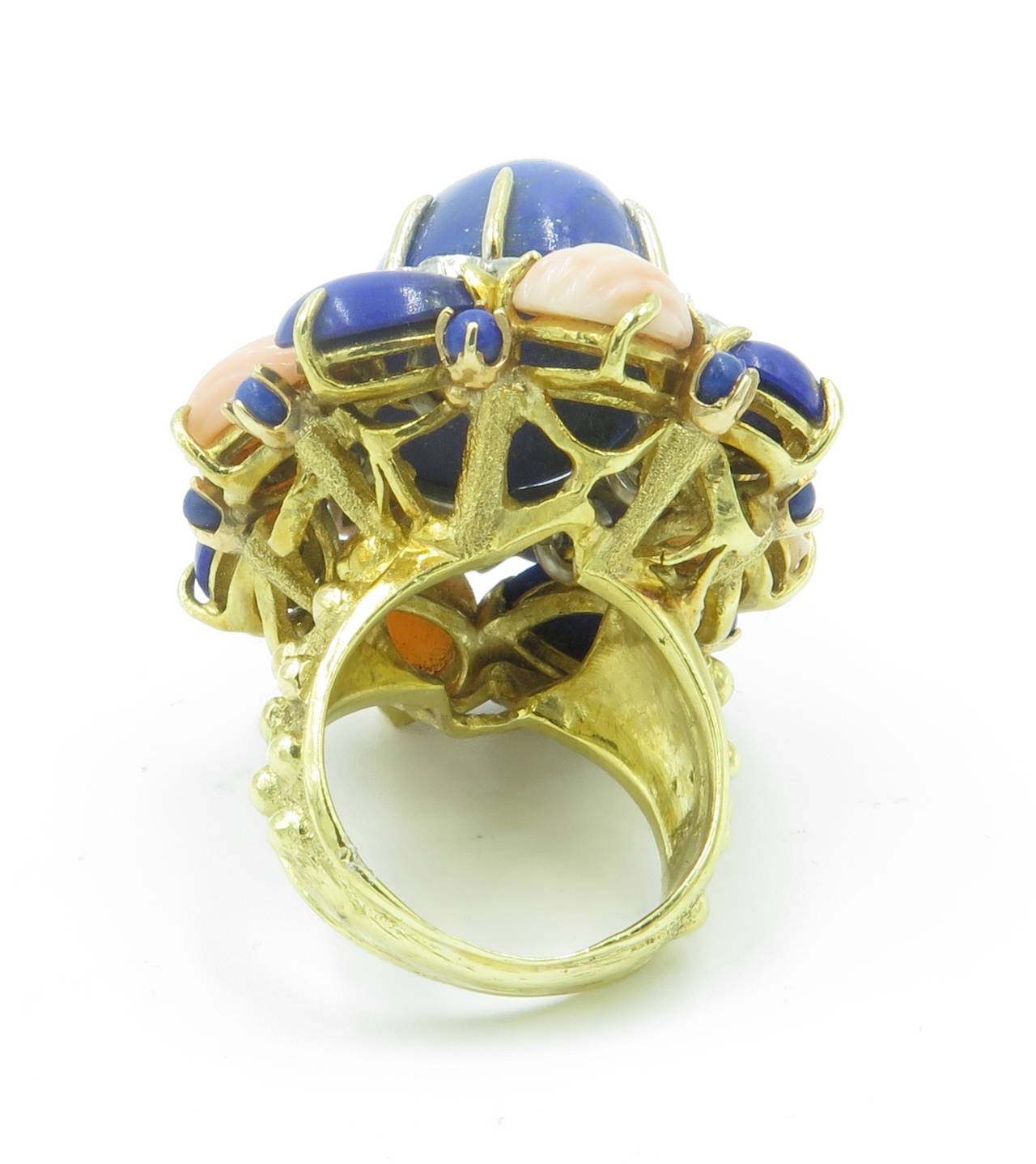 A Fabulous Lapis Lazuli Carved Coral Diamond Gold Dome Ring 1