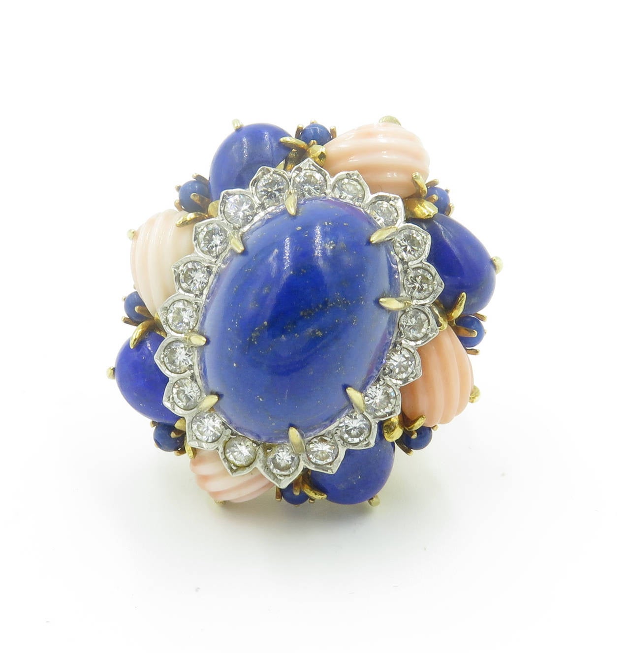 A Fabulous Lapis Lazuli Carved Coral Diamond Gold Dome Ring In Excellent Condition In New York, NY
