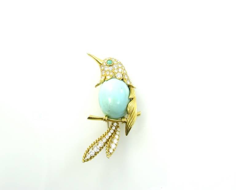 Van Cleef & Arpels Broche oiseau en or et diamant turquoise Excellent état à New York, NY