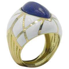 David Webb White Enamel Lapis Lazuli Dome Ring