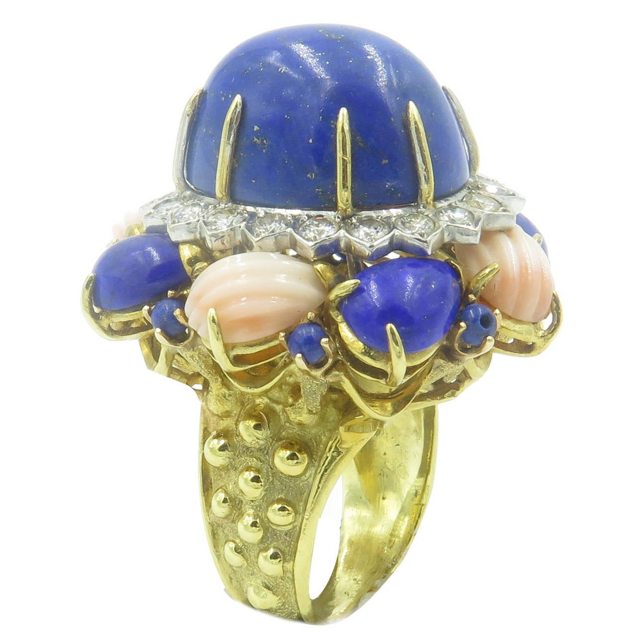 A Fabulous Lapis Lazuli Carved Coral Diamond Gold Dome Ring