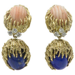 A Pair of Lapis Lazuli Coral Diamond Gold Drop Earrings