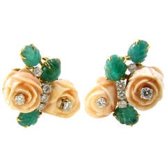 DAVID WEBB Coral, Emerald and Diamond Flower Earrings.