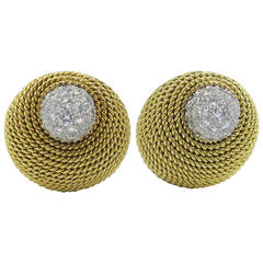 A Pair of Gold and Diamond Rope Style Dome Shaped Earrings.
