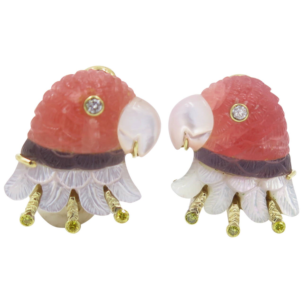 LILLIAN OSTERGARD Carved Tourmaline, Mother of Pearl & Diamond Parrot Earrings.