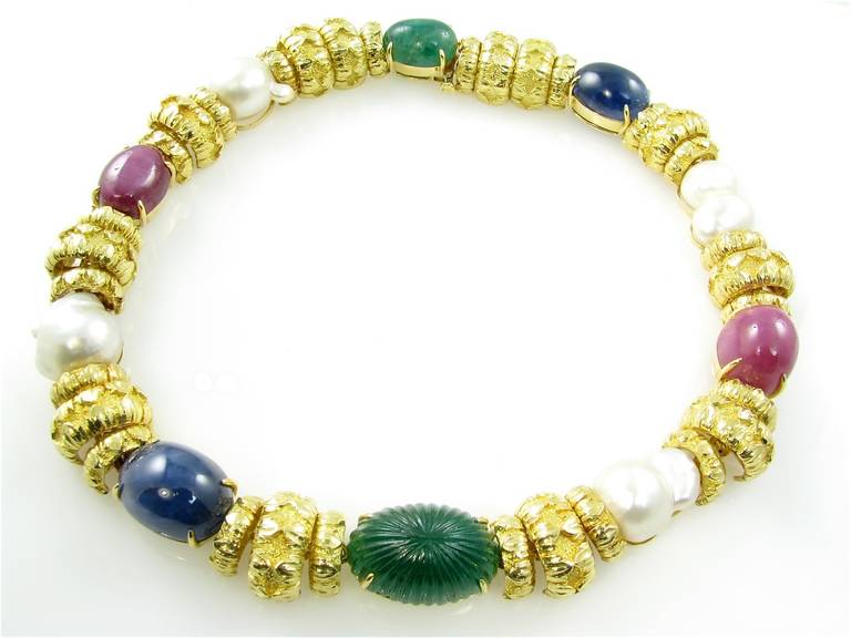 David Webb South Sea Pearl Cabochon Ruby Sapphire Emerald Choker Necklace