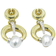 A Fabulous Pair of Baroque Pearl Diamond Gold Doorknocker Style Earrings