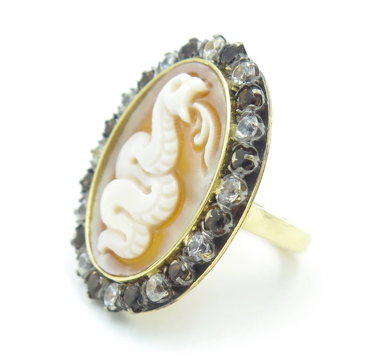 White and Brown Topaz Gold Shell Cameo Cocktail Ring