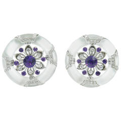 1930s Art Deco Matte Rock Crystal Amethyst Diamond Platinum Clips