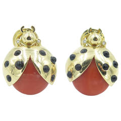 Loffredo Coral Black Onyx Diamond Gold Ladybug Earrings