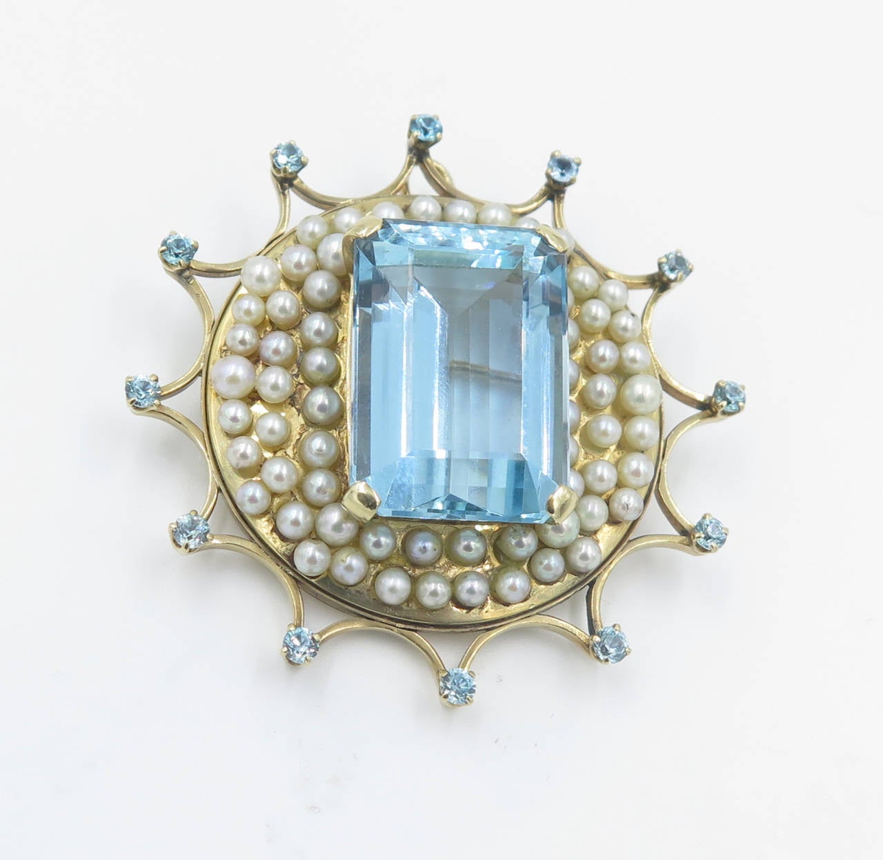 Women's Aquamarine Pearl Gold Brooch Pendant