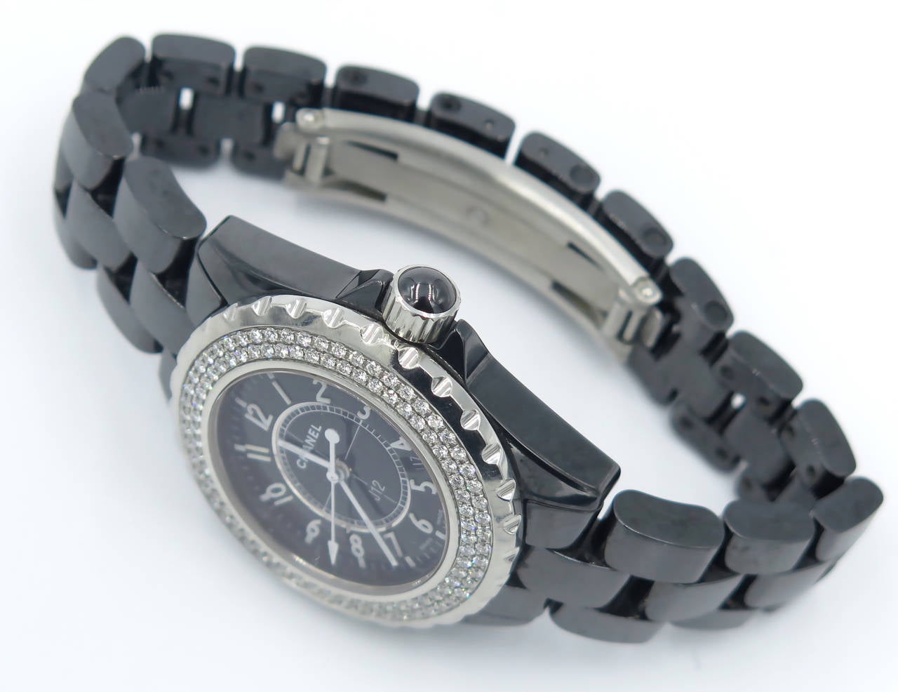 Chanel Stainless Steel Black Ceramic Diamond Quartz Wristwatch In Excellent Condition In New York, NY