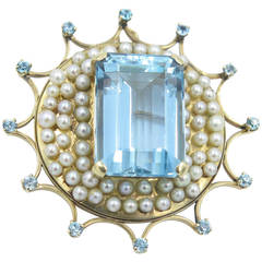 Aquamarine Pearl Gold Brooch Pendant