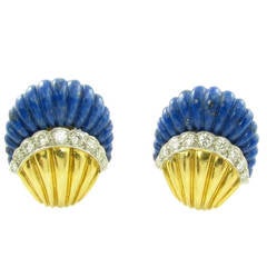 A Chic Pair of Carved Lapis Lazuli Diamond Gold Earrings