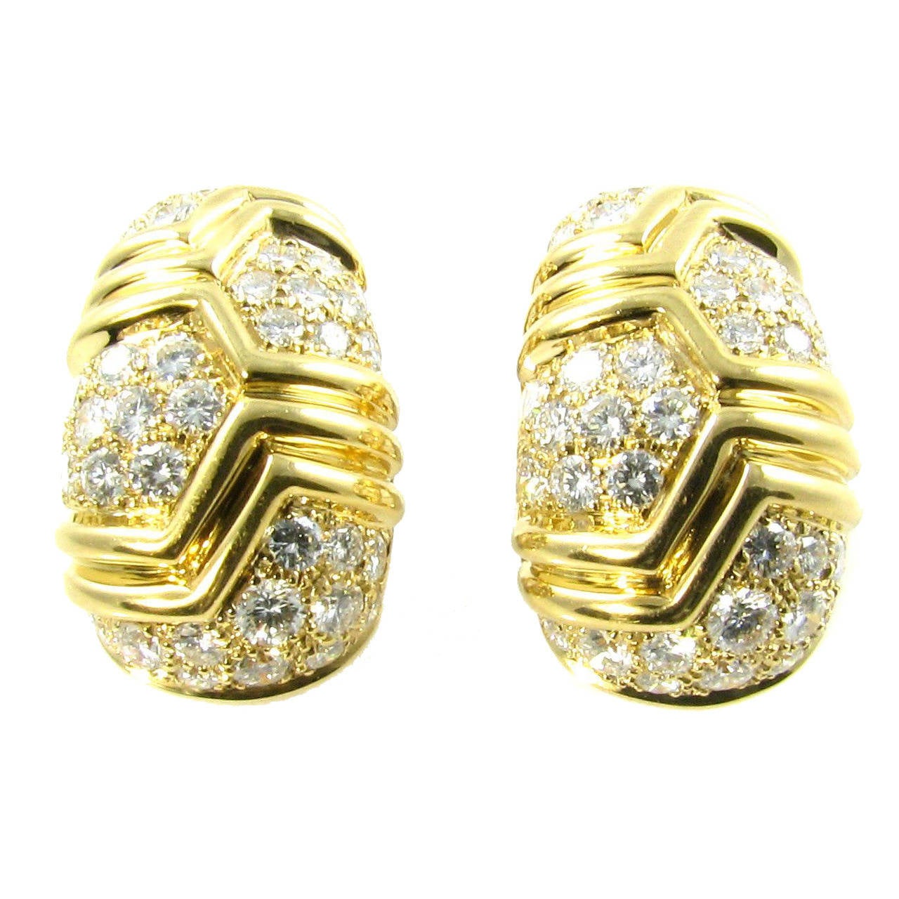 BULGARI Gold and Diamond Tapered Hoop Style Earring.