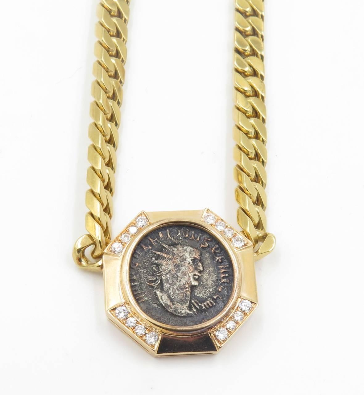 An 18k yellow and rose gold, ancient coin and diamond necklace, Bulgari.  Late 1970’s. Centering an ancient coin, within a polished octagonal-shaped rose gold bezel, enhanced by round brilliant-cut diamonds, from a flat yellow gold curb link chain.