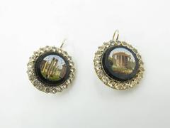 1880s Vatican School Micro Mosaic Onyx White Topaz Gold Earrings