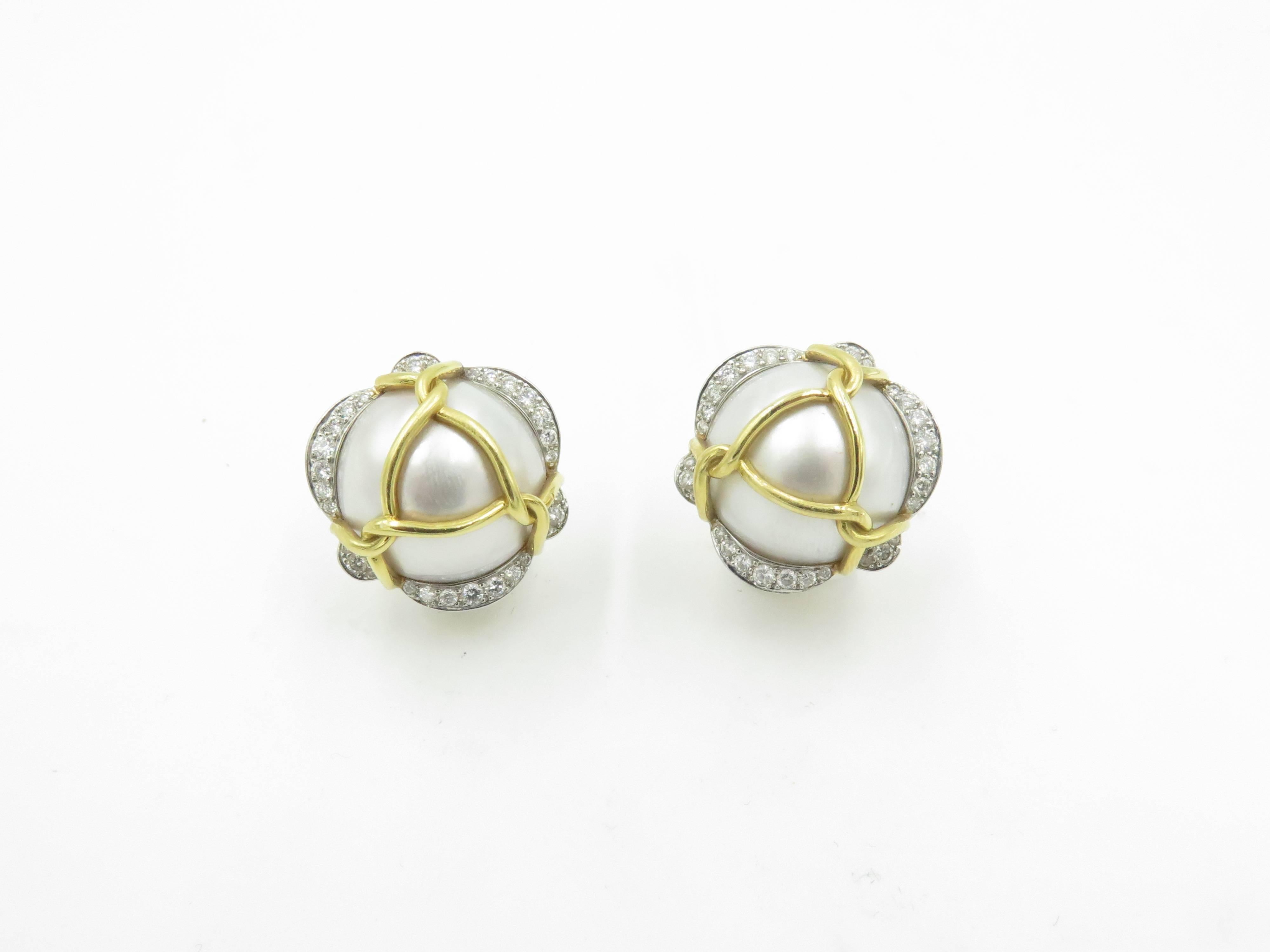 Women's or Men's Verdura Pearl Diamond Gold Platinum Earrings