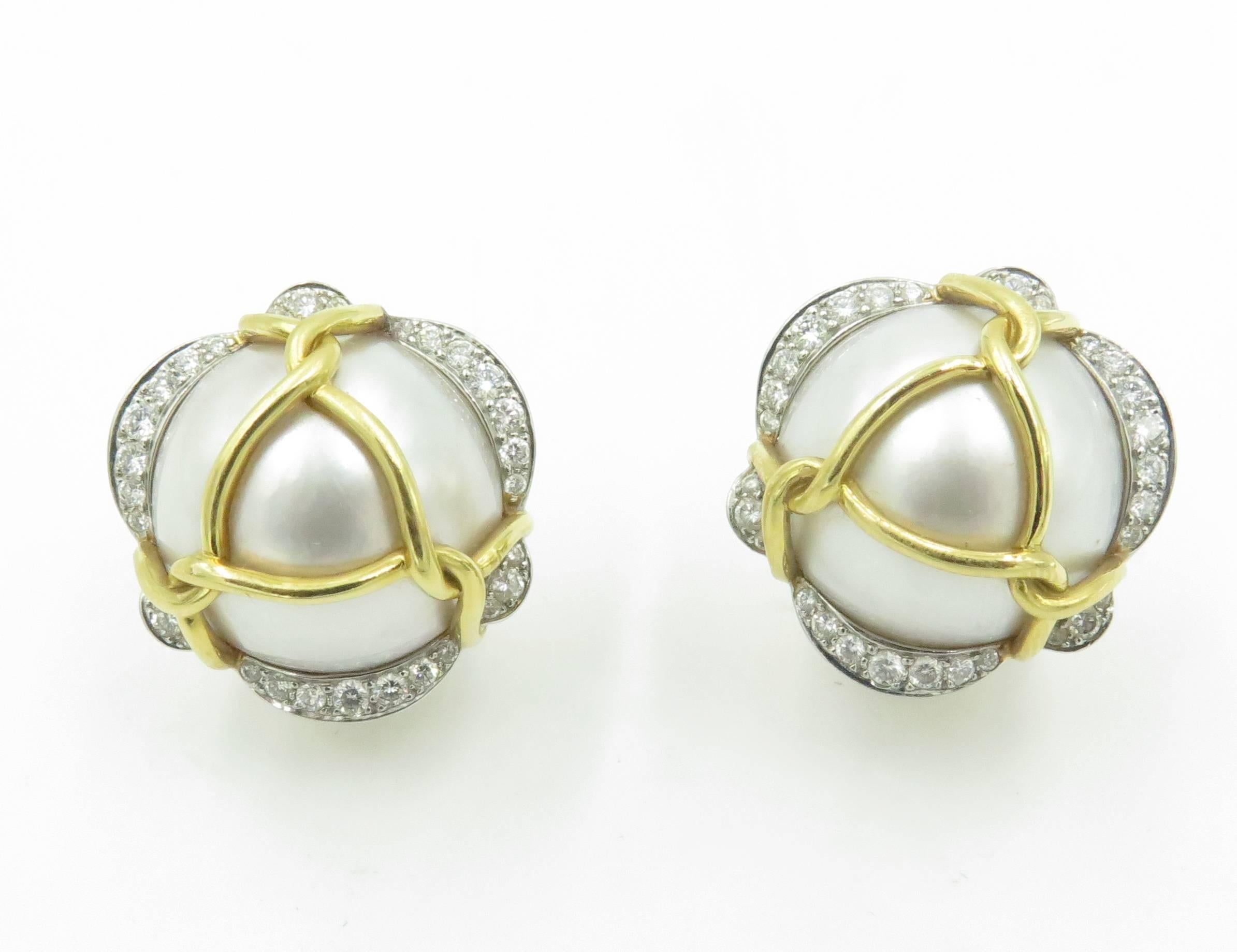 Verdura Pearl Diamond Gold Platinum Earrings 1