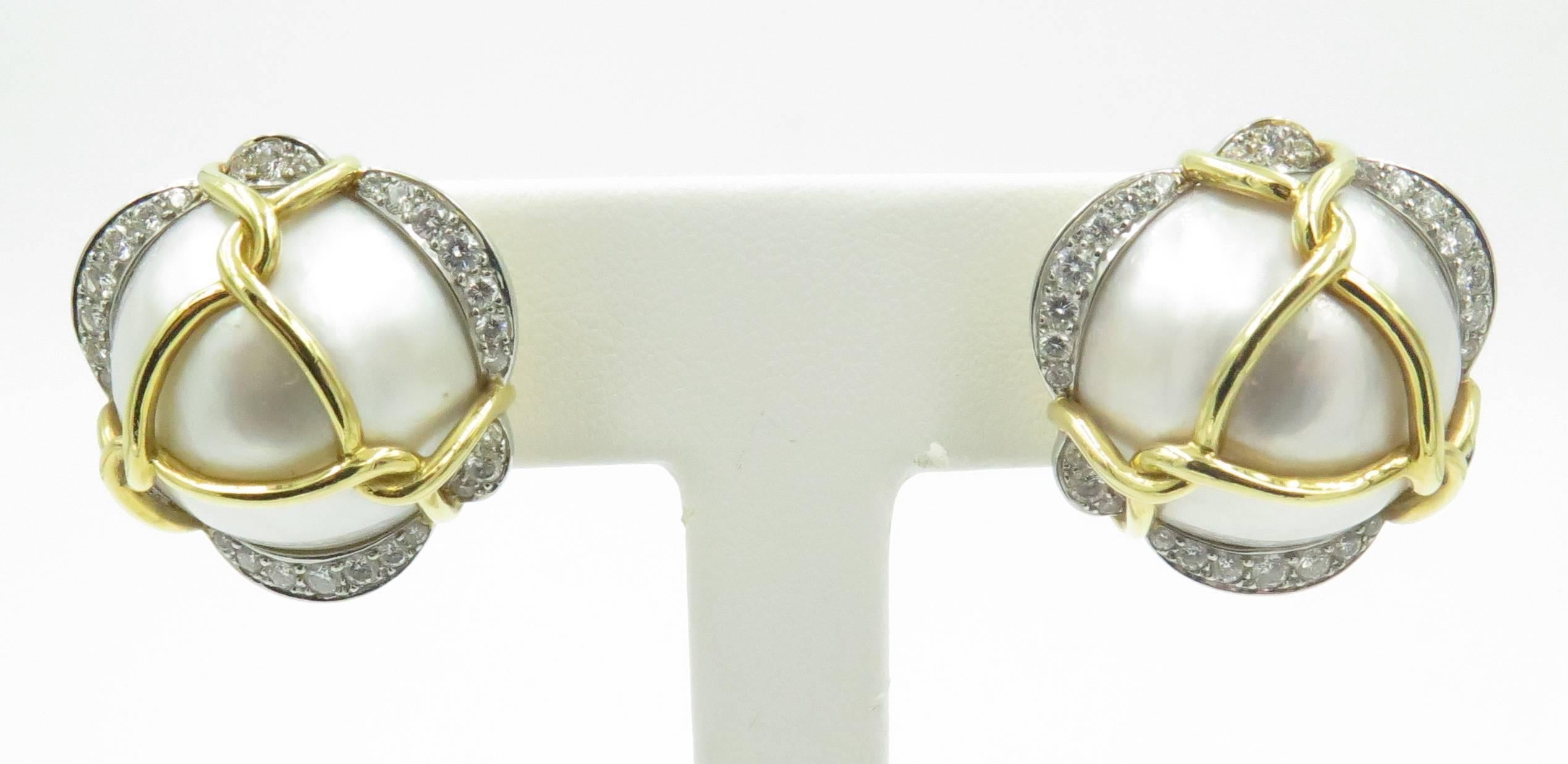Verdura Pearl Diamond Gold Platinum Earrings 2