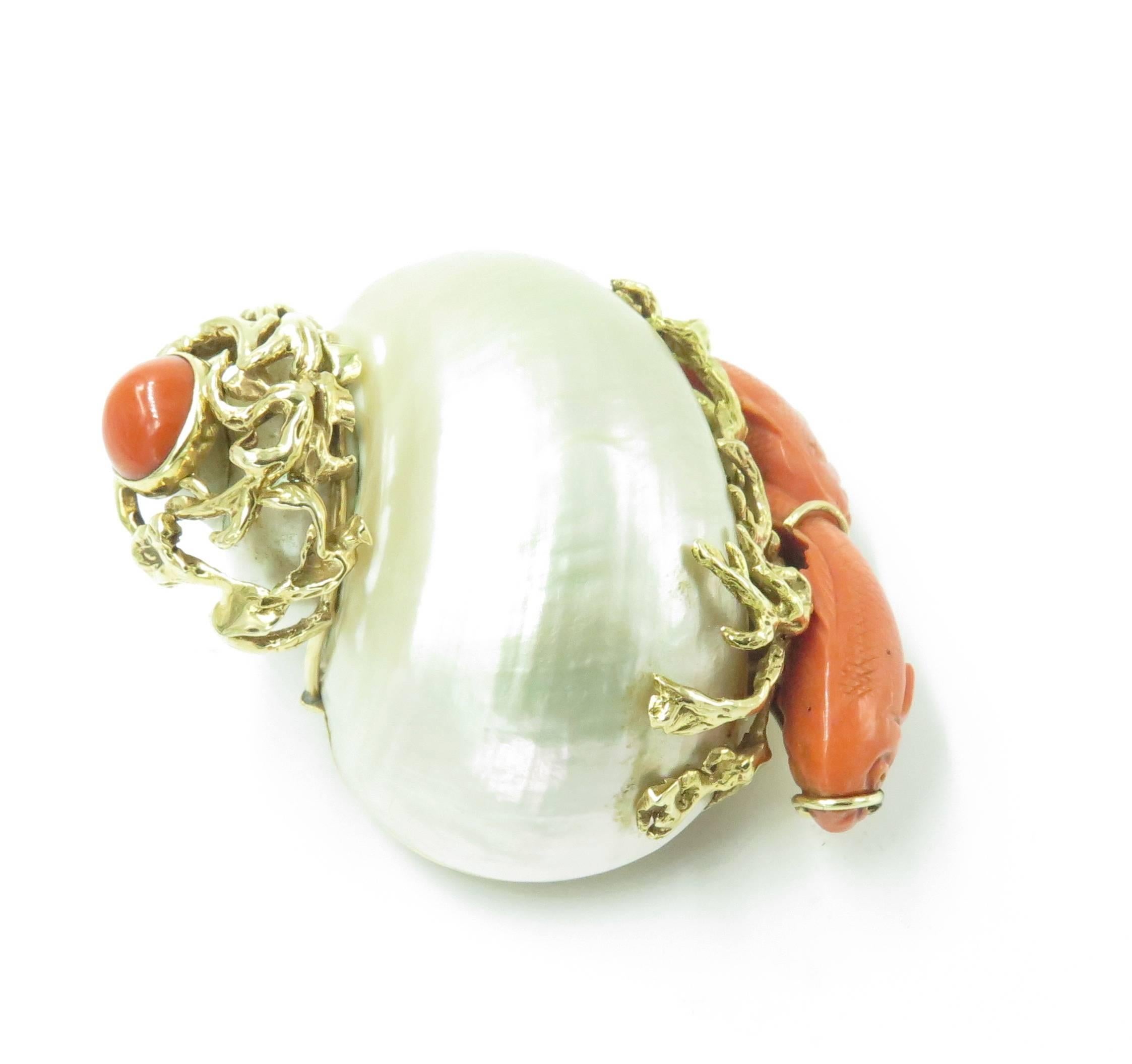 SEAMAN SCHEPPS Coral, Shell and Gold Brooch. In Excellent Condition In New York, NY