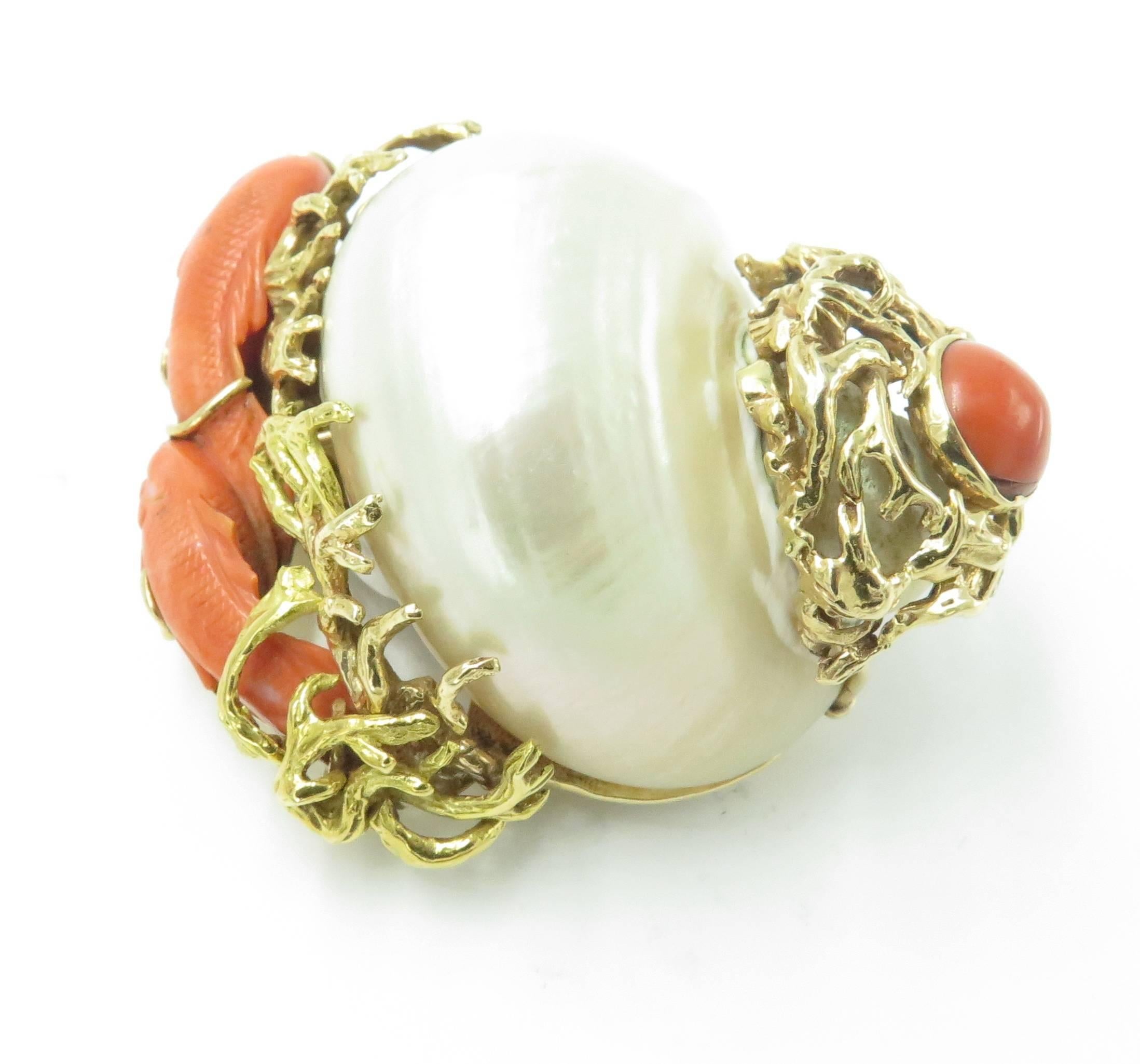 Women's or Men's SEAMAN SCHEPPS Coral, Shell and Gold Brooch.