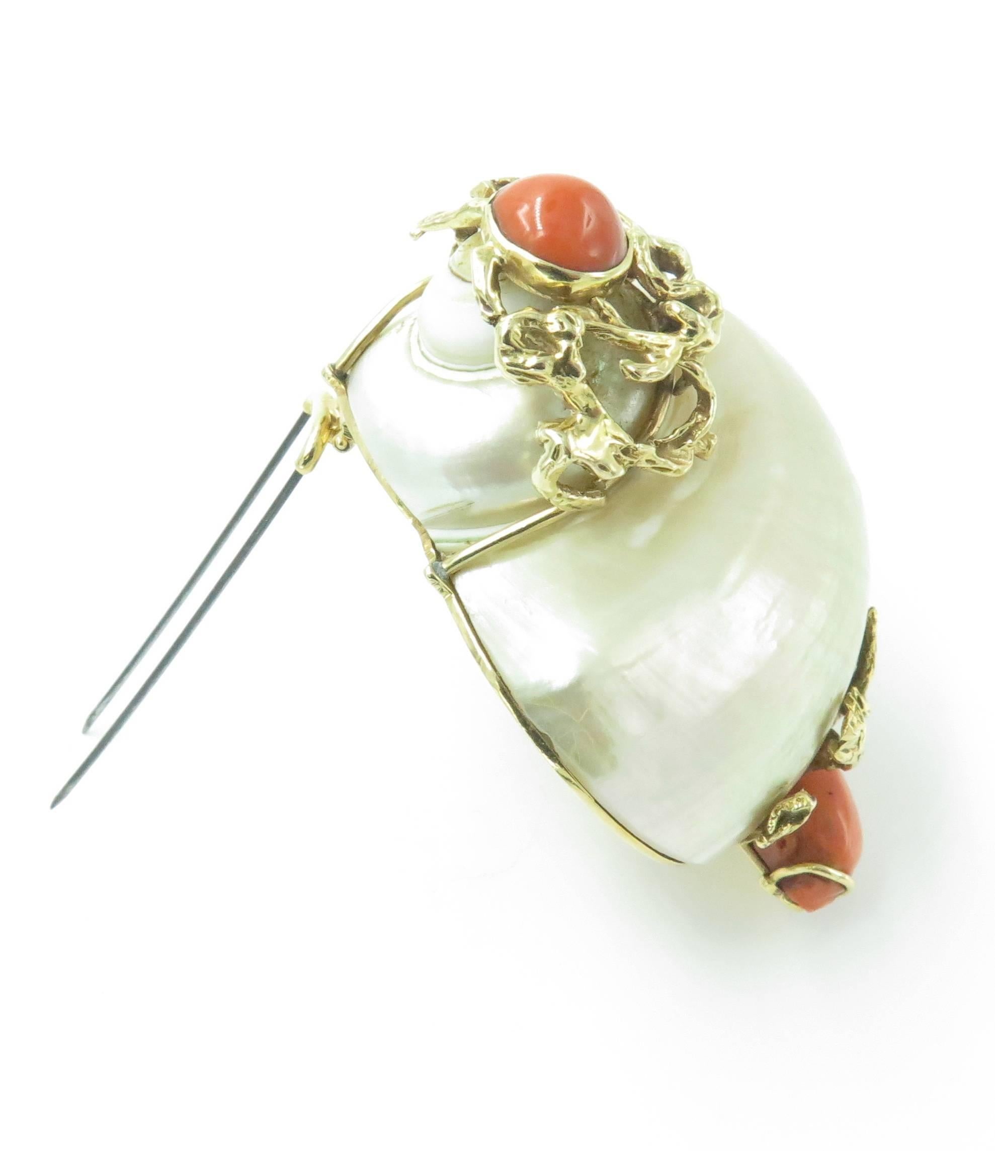 SEAMAN SCHEPPS Coral, Shell and Gold Brooch. 1