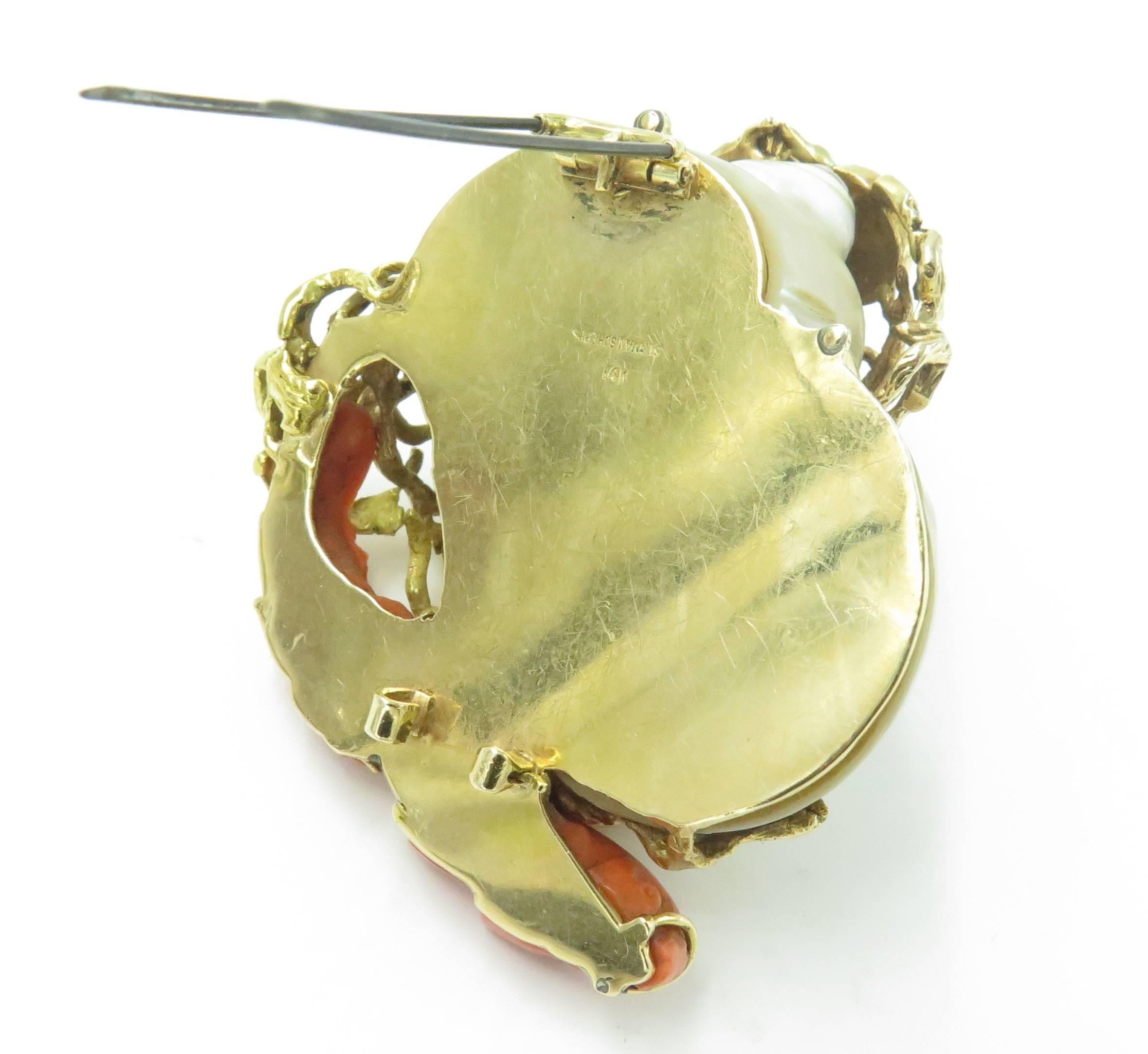 SEAMAN SCHEPPS Coral, Shell and Gold Brooch. 2