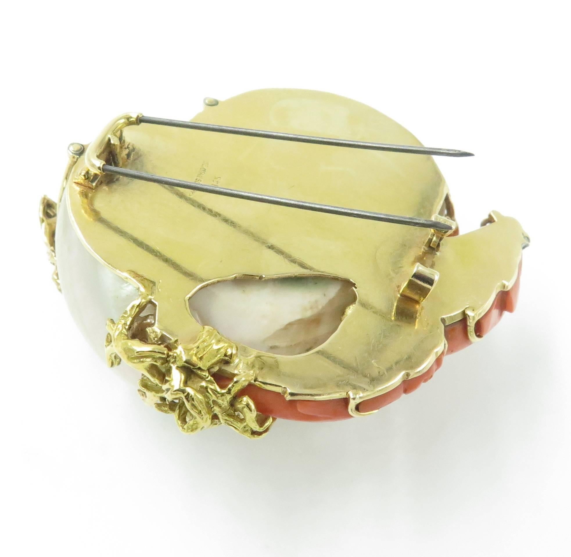 SEAMAN SCHEPPS Coral, Shell and Gold Brooch. 3