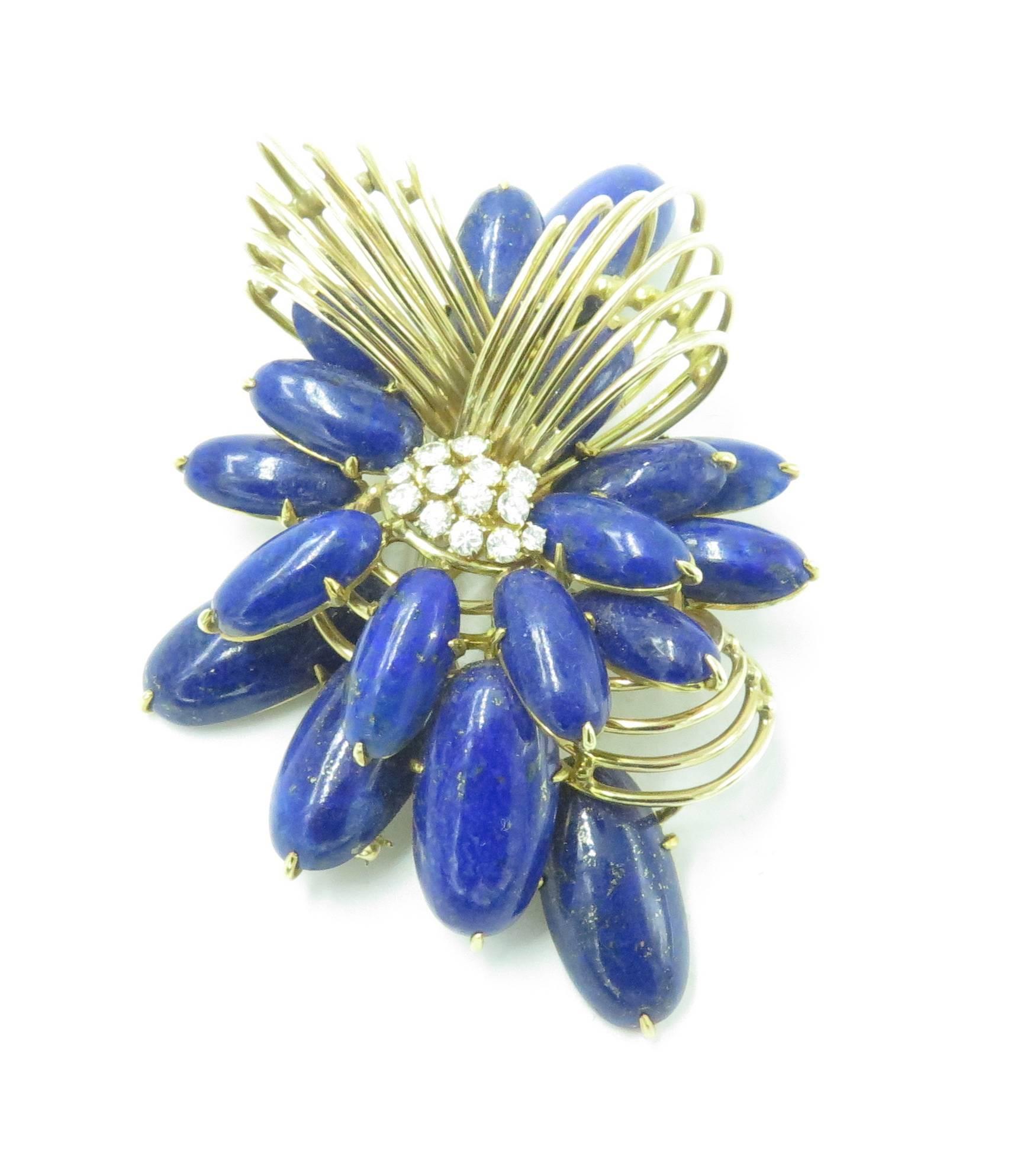 1960s EMIS Lapis Lazuli Diamond Gold Brooch In Excellent Condition In New York, NY