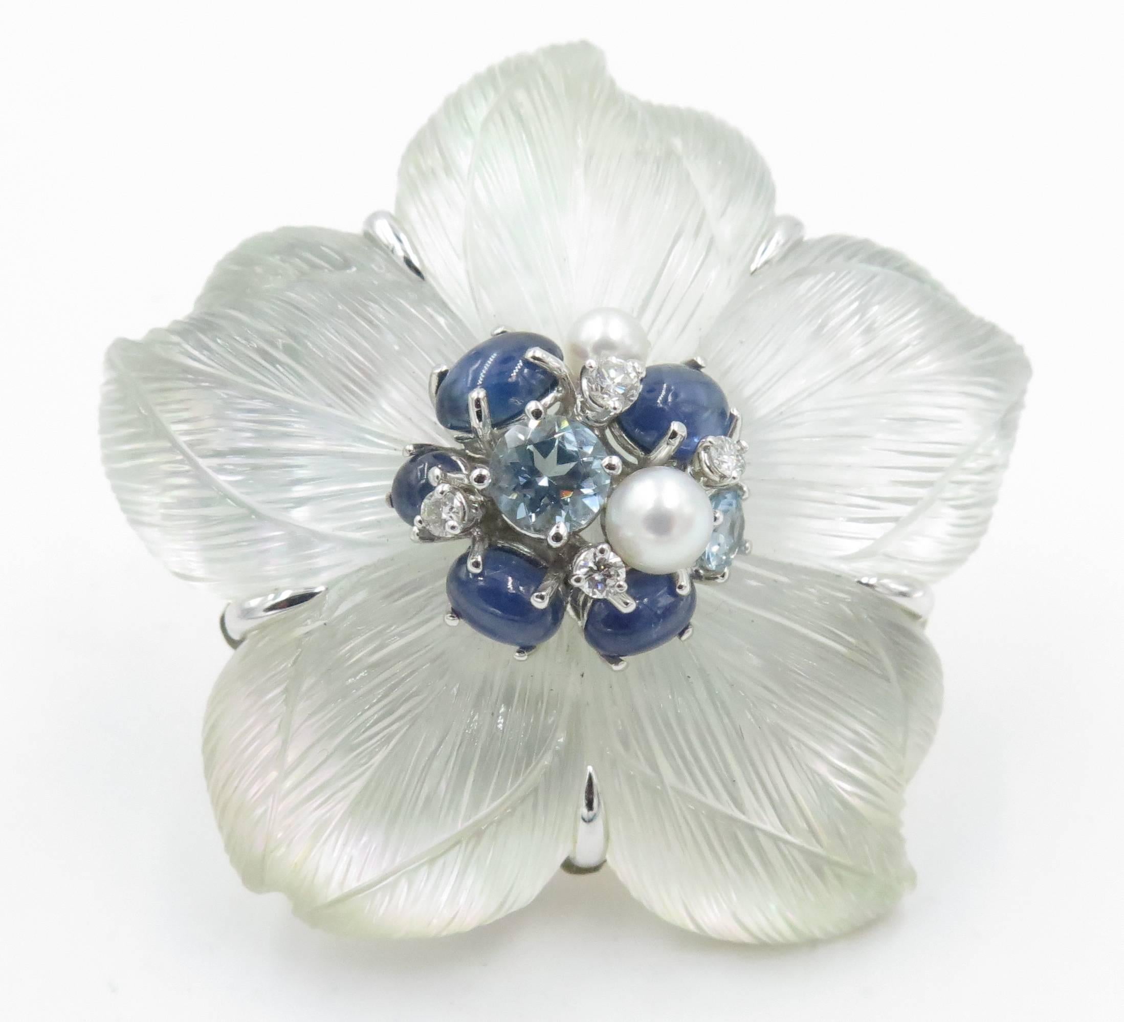 Seaman Schepps Rock Crystal Mother of Pearl Sapphire Diamond Flower Brooch In Excellent Condition In New York, NY