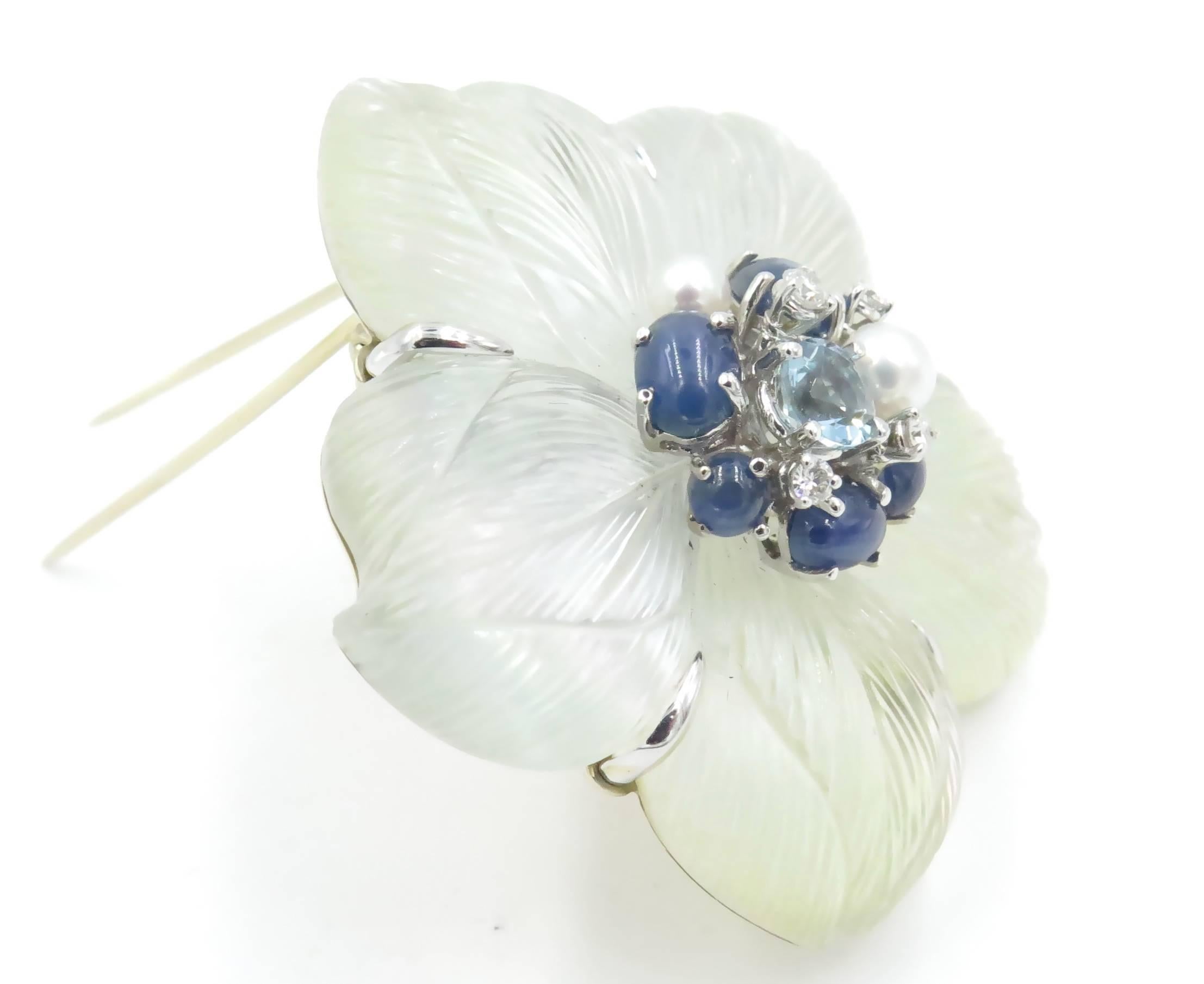 Women's or Men's Seaman Schepps Rock Crystal Mother of Pearl Sapphire Diamond Flower Brooch