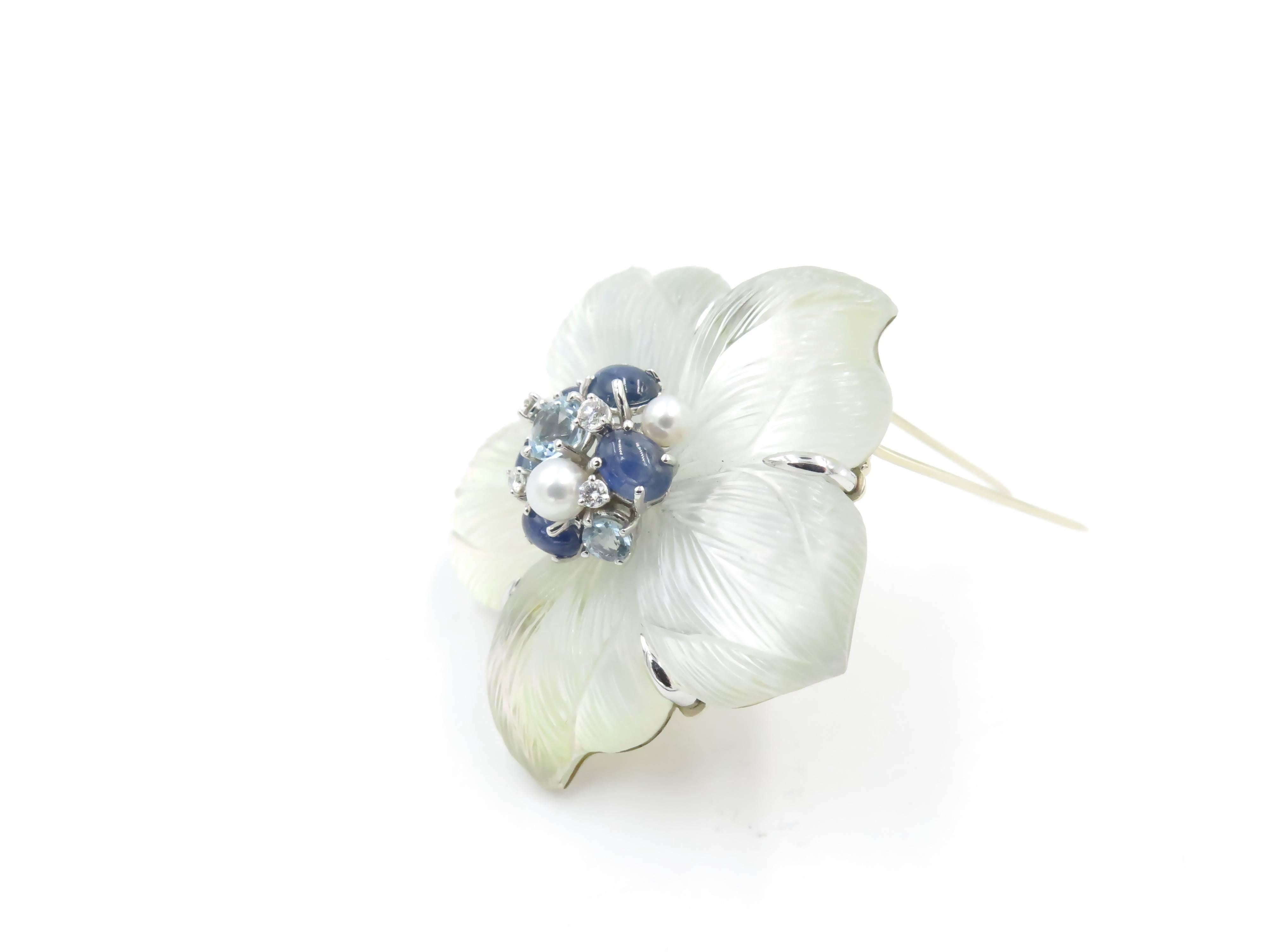 Seaman Schepps Rock Crystal Mother of Pearl Sapphire Diamond Flower Brooch 1