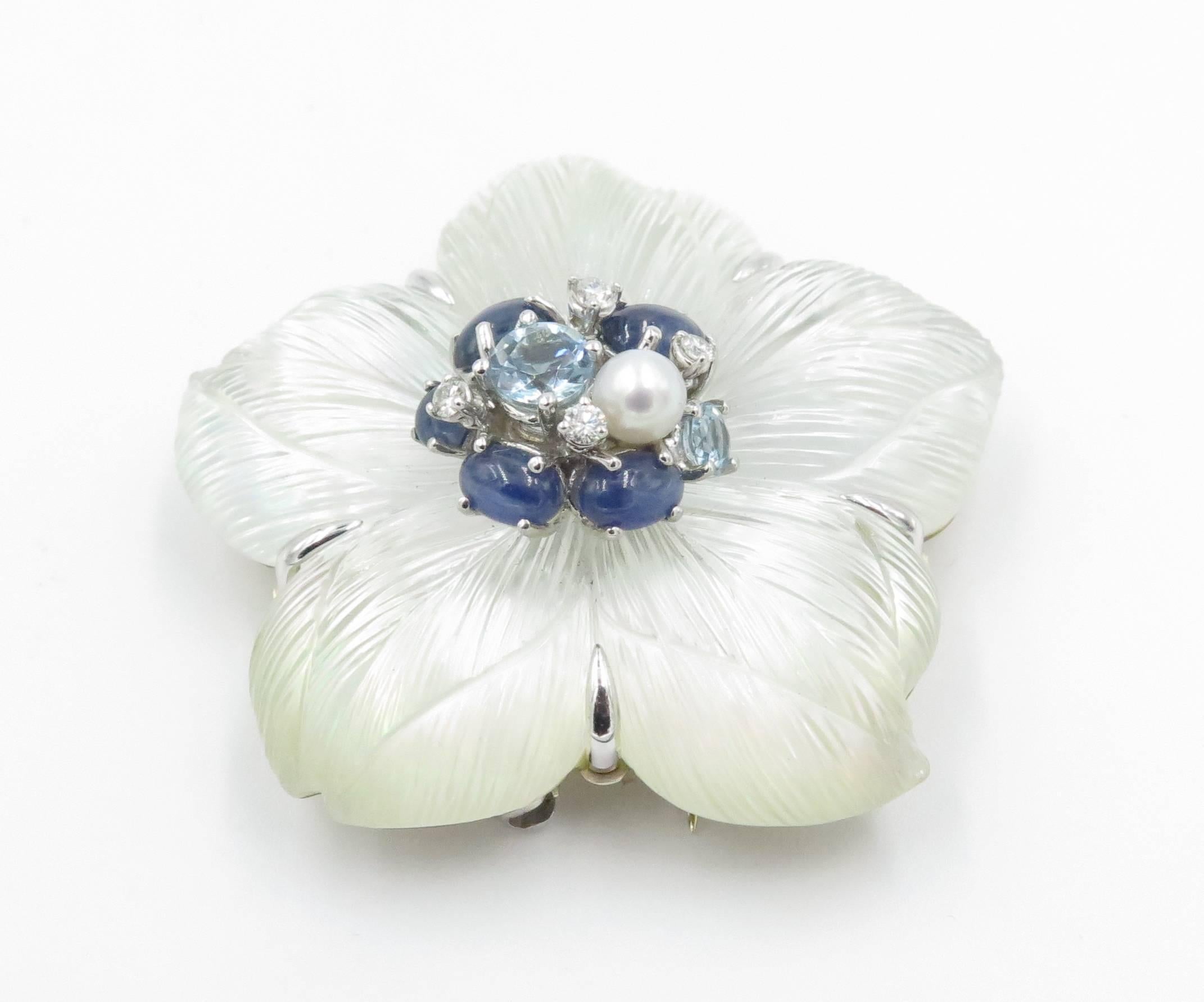 Seaman Schepps Rock Crystal Mother of Pearl Sapphire Diamond Flower Brooch 3