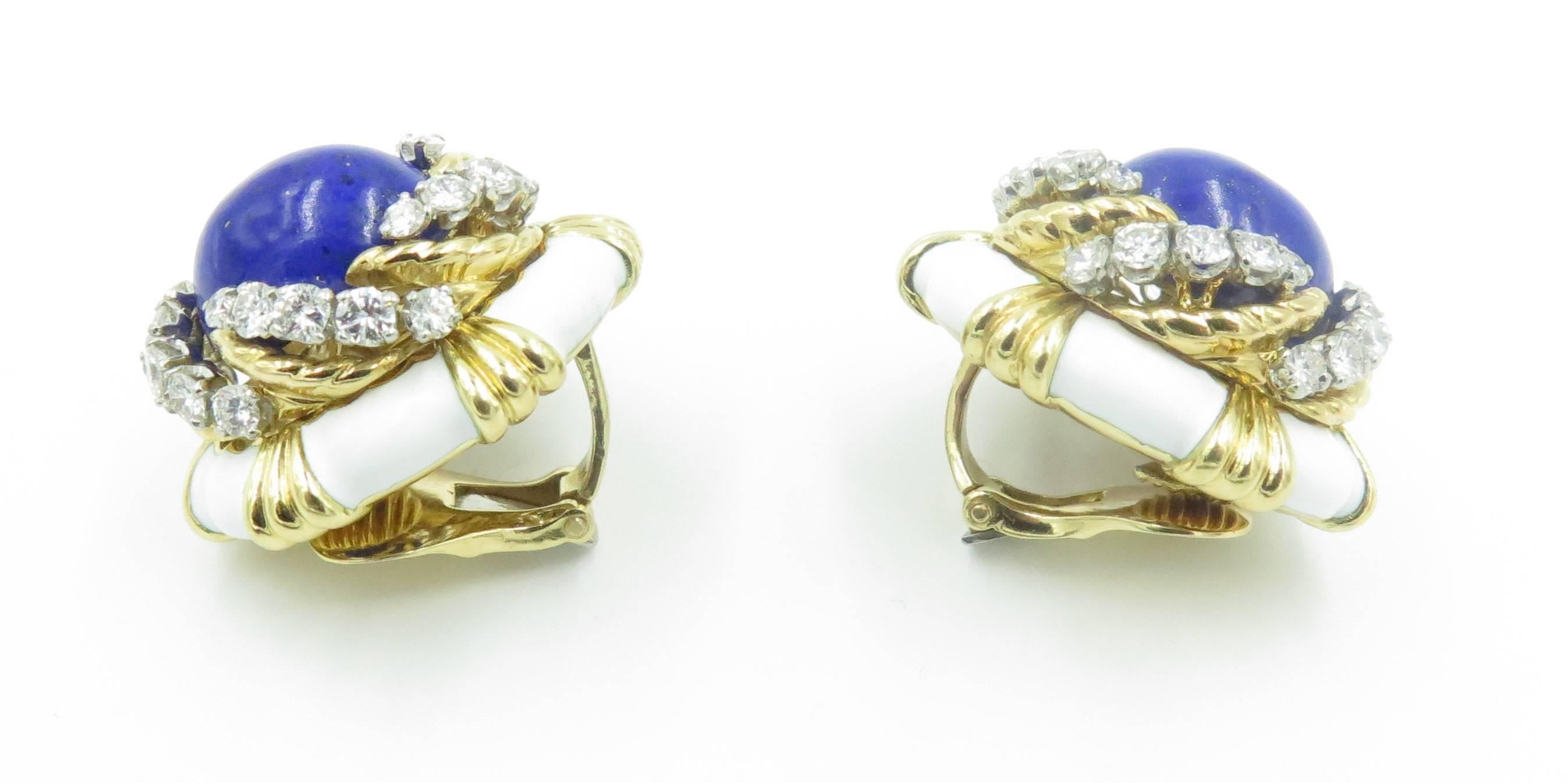David Webb White Enamel Lapis Lazuli Diamond Gold Earrings In Excellent Condition In New York, NY