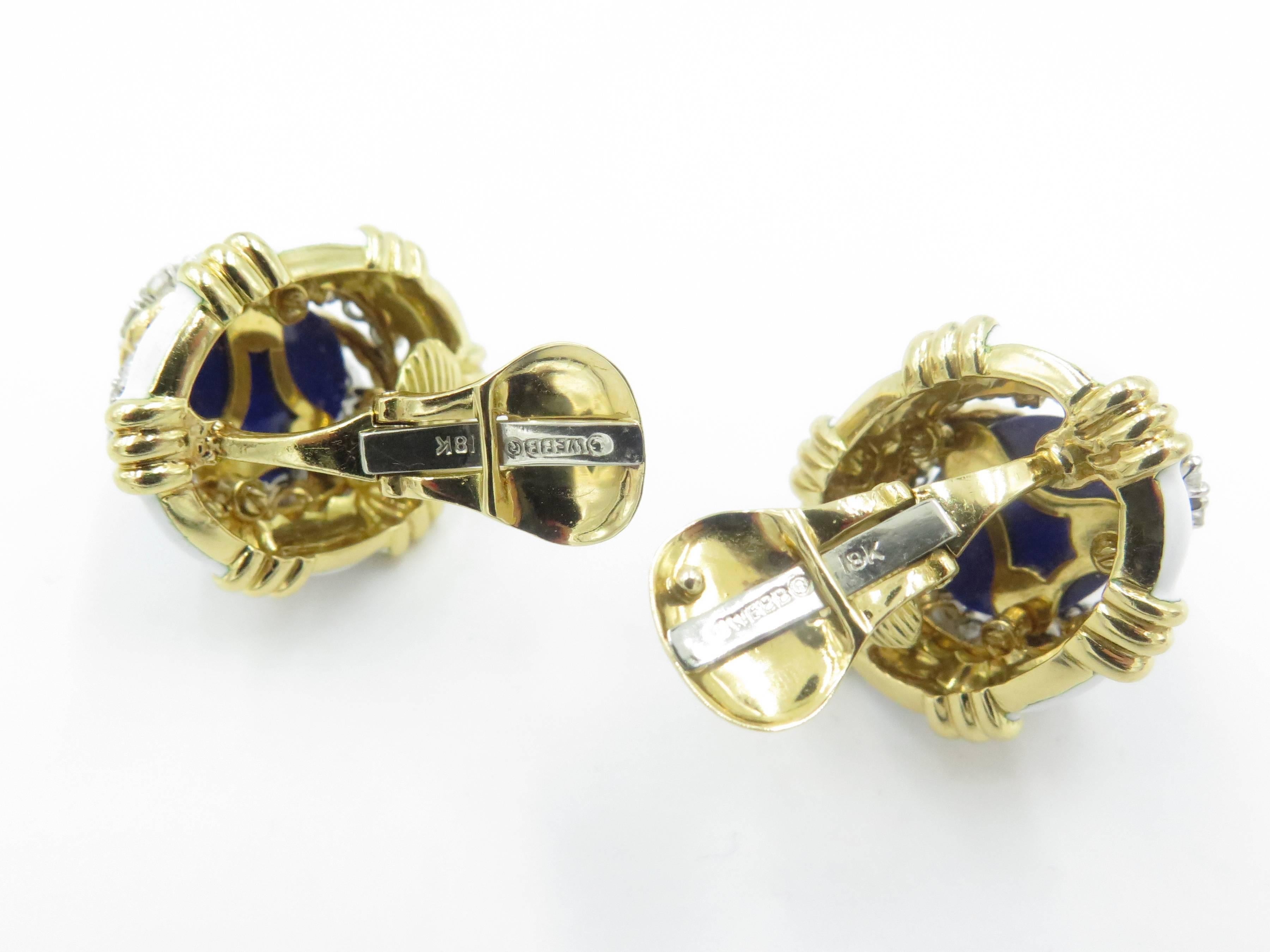 Women's David Webb White Enamel Lapis Lazuli Diamond Gold Earrings