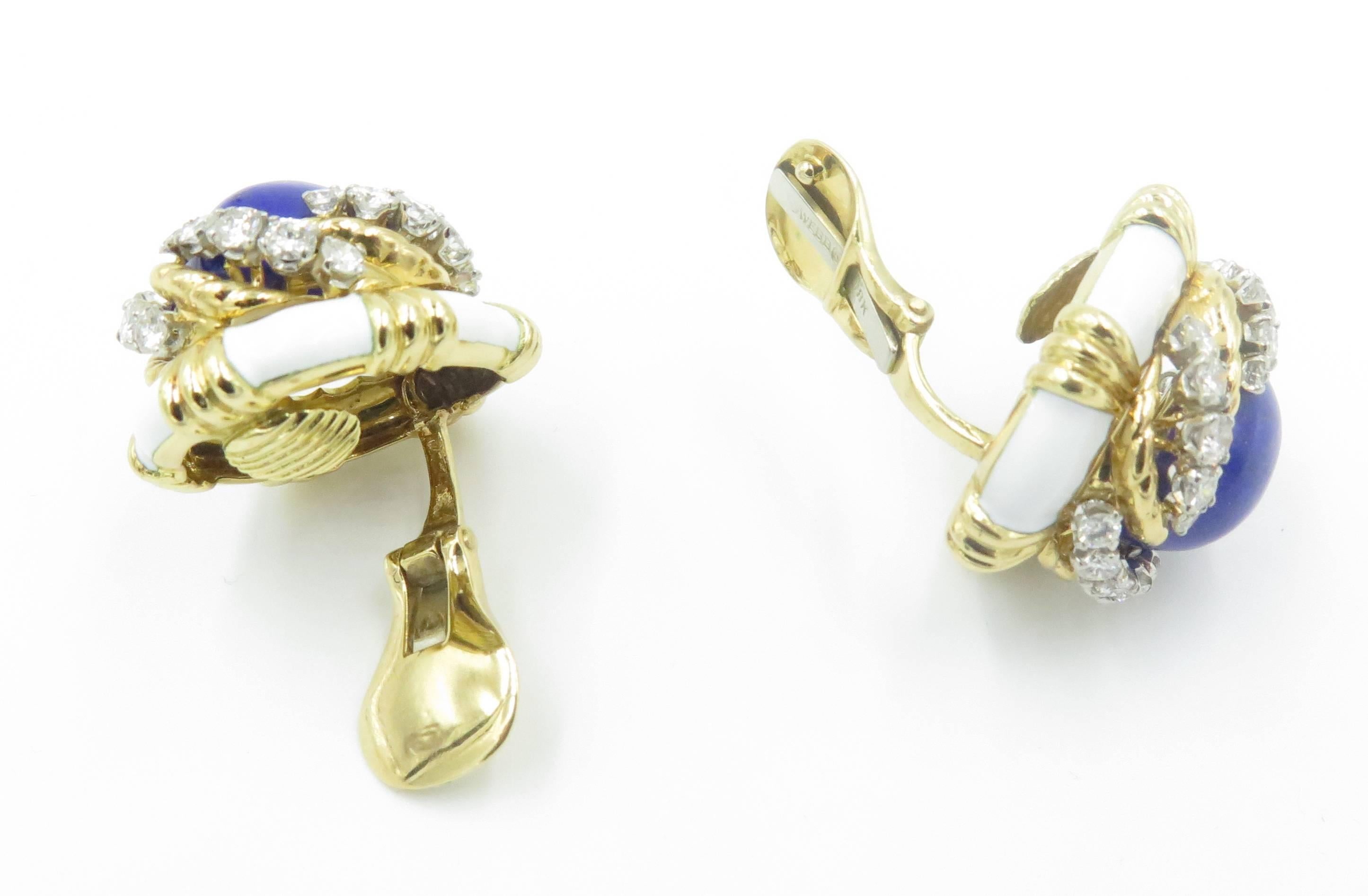 David Webb White Enamel Lapis Lazuli Diamond Gold Earrings 1