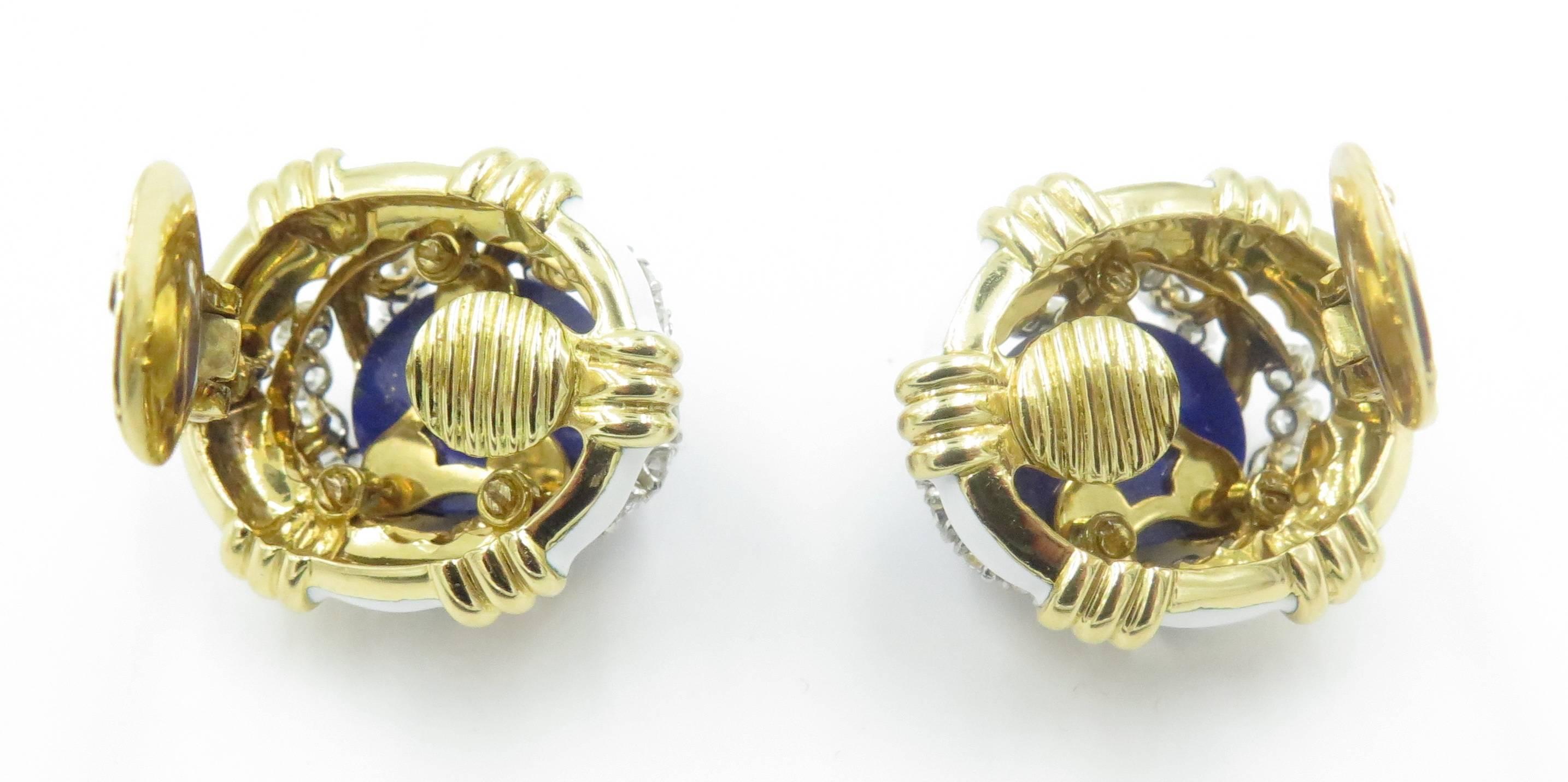 David Webb White Enamel Lapis Lazuli Diamond Gold Earrings 2