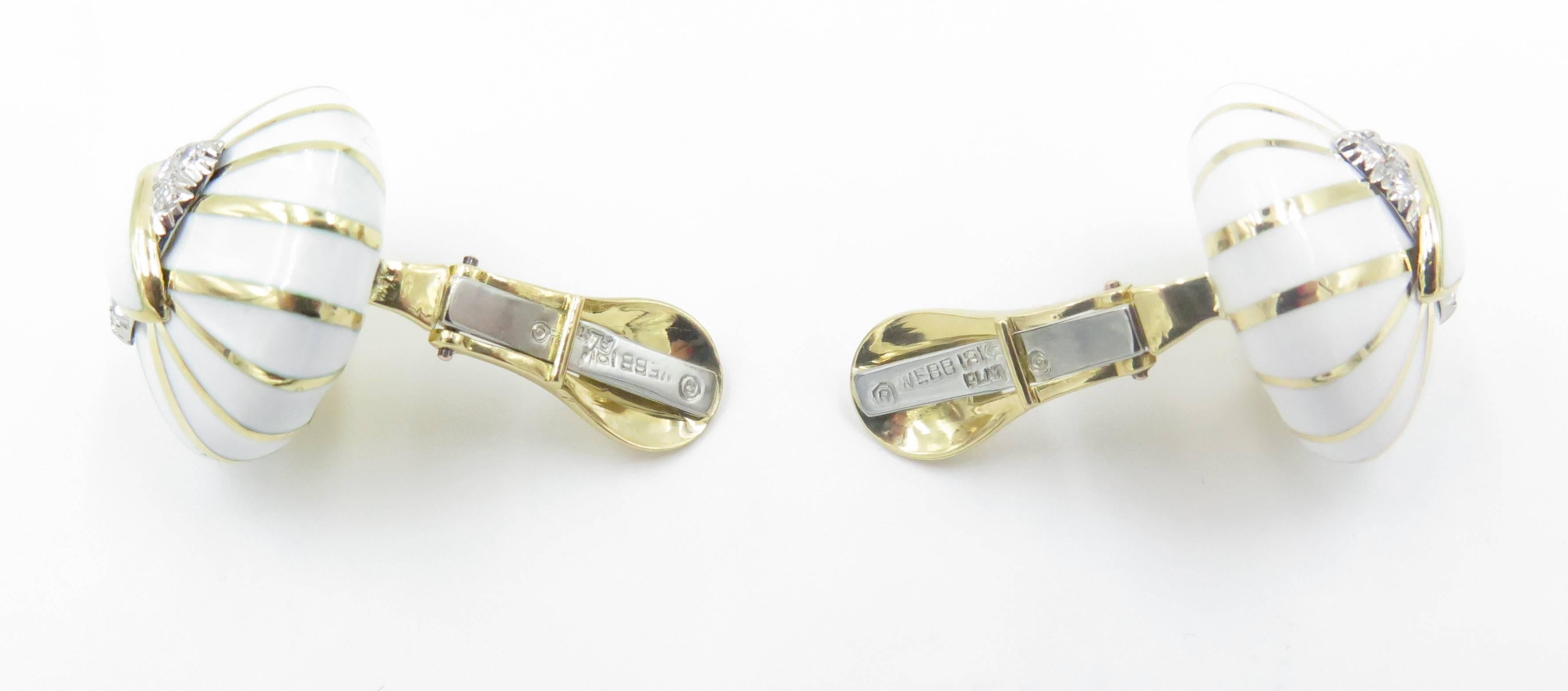 David Webb White Enamel Diamond Platinum Earrings 1