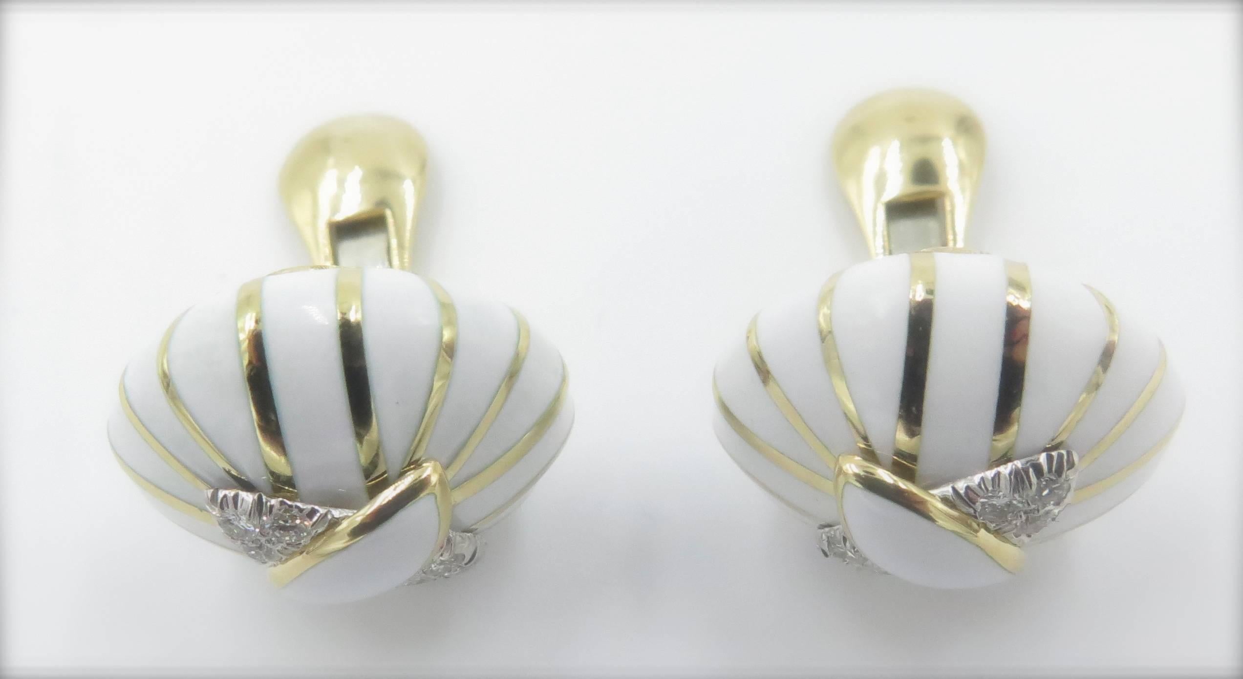 David Webb White Enamel Diamond Platinum Earrings 2